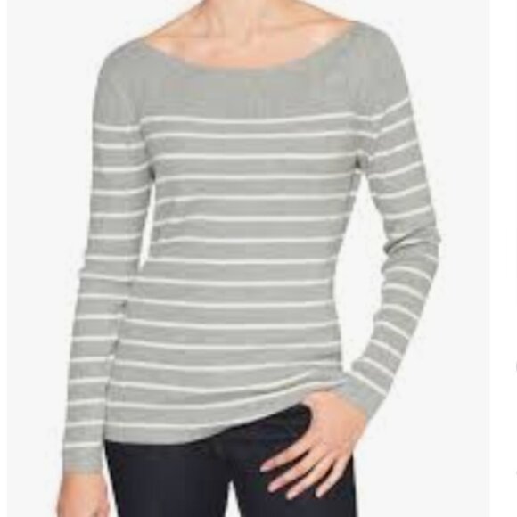 GAP Pullover Ribbed Striped Boat Neck Sweater - Gray and White, X-Small - Picture 6 of 6